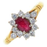 A ruby and diamond cluster ring,   in 18ct gold, import marked, London 1989, 3.5g, size N Good