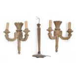 A pair of carved and gilt painted wood wall lights and a table lamp, 20th c, wall lights 36cm h
