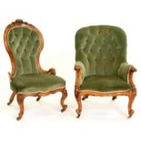 A Victorian walnut nursing chair, the moulded frame to the button back crisply carved with leafy