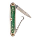 A Continental silver folding knife and button hook, c1900, with emerald green guilloche enamel