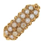 A split pearl twin row ring, in 9ct gold, 2.4g, size Q Slight wear