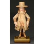 An Austrian earthenware figure of a man in 17th c dress, c1930, holding a pipe, 26cm h, impressed