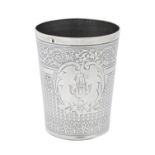 A French silver beaker, late 19th c, engine turned and stamped with birds and foliage, 85mm h,