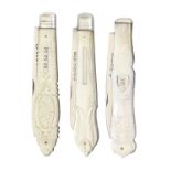 Three Victorian silver fruit knives, with carved and engraved mother of pearl scales, 86-90mm l,