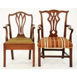 A George III mahogany elbow chair, with gothick splat and another mahogany elbow chair (2) The first