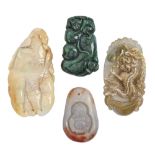 Four Chinese carved jade, agate and other hardstone pendants or plaques, late 20th c, finger