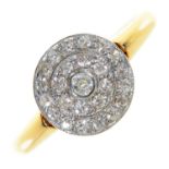 A diamond cluster ring, early 20th c, head 10mm diam, gold hoop marked 18ct, size O, 3.2g Slight