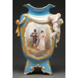 A French bleu celeste ground porcelain vase, c1870, painted with a cavalier and young woman revealed