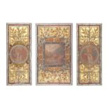 A set of three Victorian stained glass window or door lights, each painted to the centre with a