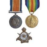 WWI, pair, British War Medal and Victory Medal M-414146 Pte G W Barrett ASC and cap badge, Army
