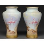 A pair of Royal Worcester vases, 1912 and 1914, painted by W Powell, both signed, with flamingos