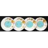 A set of four Minton bone china dessert plates, c1880, moulded in relief with turquoise centre and
