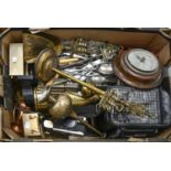 Miscellaneous brass metal ware including Davey lamp, fire dustpan, carriage clock, camera etc