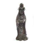 A Chinese bronze and champlevé enamel sculpture of Guanyin, 19th/early 20th c,  30cm h, indistinct