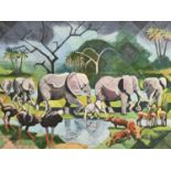 Derek Carruthers (1935-2021) - Elephants and other Animals, signed, oil on canvas, 91 x 122cm,