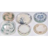 Ten various earthenware meat plates, various patterns, the largest 53cm w Mixed condition, some