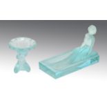 A Desna figural blue glass in a pool desk tray or vide boche and a smaller figural pin tray, first