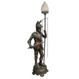 A coppered metal figural lamp, late 20th c, as a Renaissance knight, scroll base, moulded glass