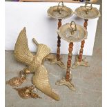 A gilt brass model of an eagle, 20th c, 52cm h, a pair of gilt-metal one-branch wall sconces, and