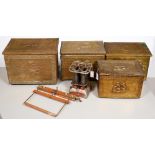 Four sheet brass covered wood log boxes, the largest 40cm h, a Beatric stove, 28cm h, etc Mixed