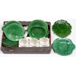 Miscellaneous ceramics, including thirteen mixed majolica green leaf dessert comports and plates,