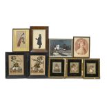 A pair of theatrical tinsel print picture, early 19th c, 27 x 20cm, contemporaneous ebonised frames,