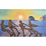 Derek Carruthers (1935-2021) - Untitled (tug of war), signed, oil on canvas, 91.5 x 152cm,