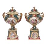 A pair of Continental porcelain pedestal vases and covers, c1900, in Vienna style, 31cm h,