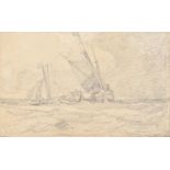John Sell Cotman (1782-1842) - Fishing Boats, pencil, 12 x 19cm, with inscription on an old label on