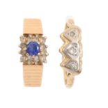 Two rings, variously gem set, in 18ct gold or gold marked 18ct, 7.8g, size N One heavily worn
