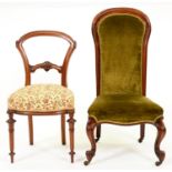 A Victorian rosewood nursing chair, on scroll forelegs, 101cm h and a Victorian walnut dining chair,