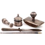 A Russian silver desk set, comprising cylindrical inkwell and cover, pen, seal with engraved matrix,
