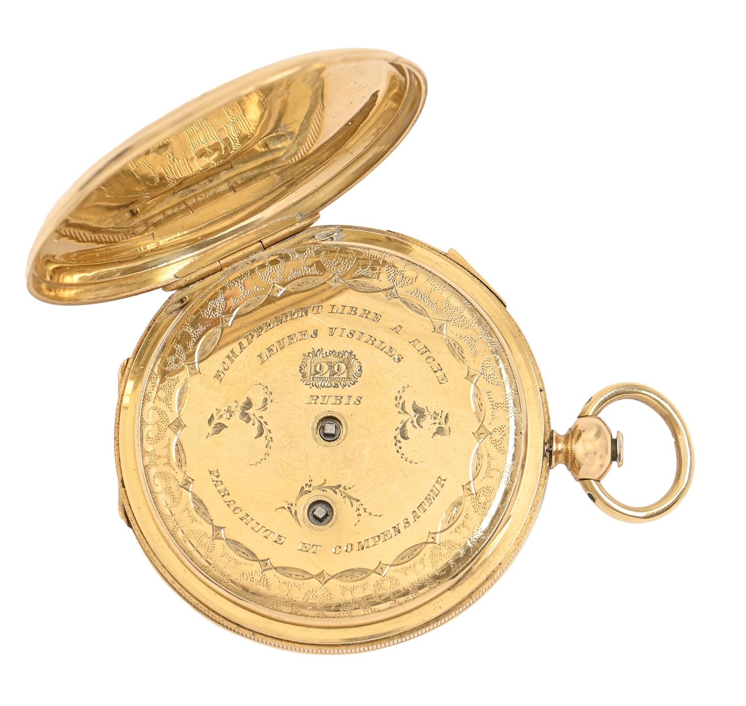 A Swiss quarter repeating gold hunting cased lever watch, 19th c,  with enamel dial and Breguet - Image 3 of 3