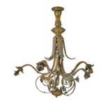 A brass chandelier, early 20th c, of five lights on scrolling branches divided by acanthus leaves,