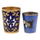 An Eastern European miniature silver and enamel beaker, 20th c, decorated with a bird on a branch