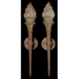 A pair of Art Deco phosphor bronze wall lights and glass flambeaux shades of torch form, c1930, 75cm