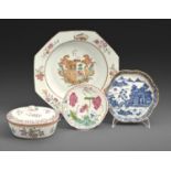 A Chinese armorial octagonal soup plate, c1760, an eggshell body saucer, a butter tub and cover with