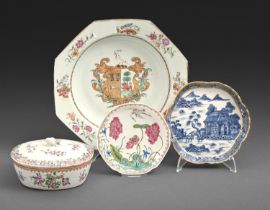 A Chinese armorial octagonal soup plate, c1760, an eggshell body saucer, a butter tub and cover with