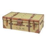 An Edwardian tan leather trimmed and green canvas covered and brass studded cabin trunk, W E Jackson