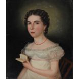 British Naive Artist, early 19th c - Portraits of Young Women, two, seated half length, blue or
