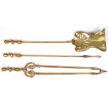 A set of three Edwardian brass fire irons, poker 66cm l Good condition