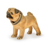 A French painted felt covered papier mache nodding model of a pug dog, c1900, with glass eyes, in