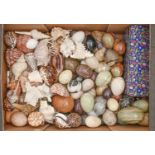 A collection of ornamental mineral eggs and seashells