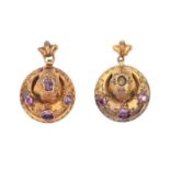 A pair of Victorian foiled amethyst earrings, in gold with applied filigree, 29mm, 5.9g Possibly