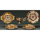 One and a pair of Royal Crown Derby Imari pattern sweetmeat dishes and a teacup and saucer, 20th