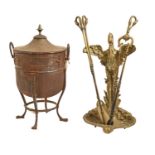 A set of three brass swan handled fire irons, an ornate cast brass umbrella stand and a 1920s