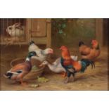 Edgar Hunt (1876-1953) - Cock and Hens with Ducks before a Rabbit Hutch; Pigeons and Rabbits, a
