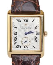 A Dreyfuss & Co 18ct gold rectangular gentleman's wristwatch, quartz movement, 31 x 29cm, maker's