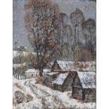 Russian School, 20th c - Buildings in Winter, signed and inscribed in Cyrillic verso, oil on canvas,