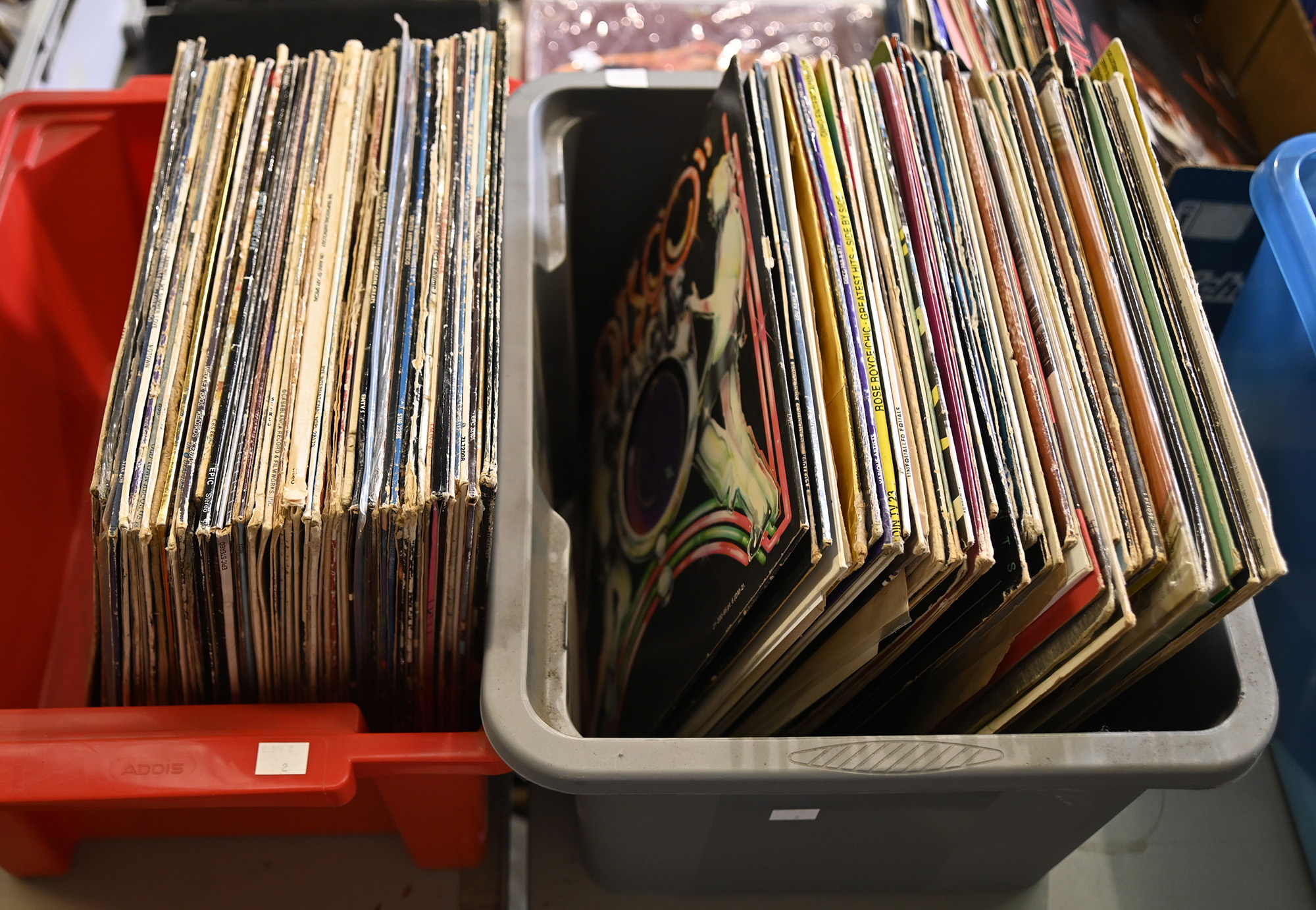 Vintage vinyl LP records. A used DJ collection, including soul, Motown and disco, artists